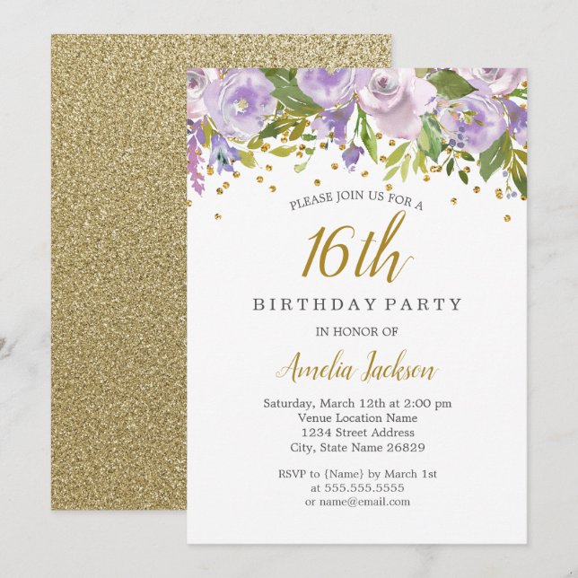 Sparkle Floral Lila 16. Geburtstag Einladung (Vorne/Hinten)