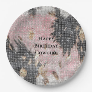 Sparkle Girly Pink Black Gold Cowgirl Cowhide Pappteller