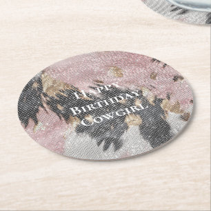 Sparkle Girly Pink Black Gold Cowgirl Cowhide Runder Pappuntersetzer