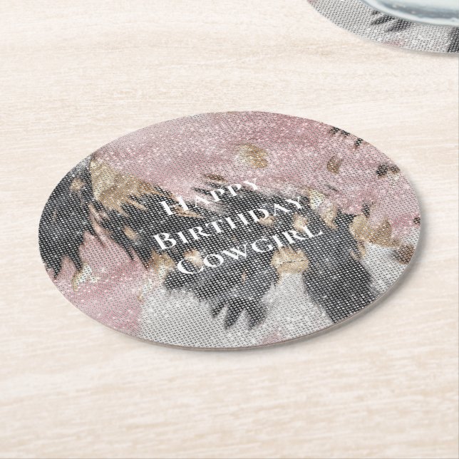 Sparkle Girly Pink Black Gold Cowgirl Cowhide Runder Pappuntersetzer (Angewinkelt)
