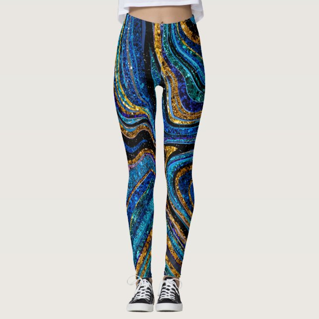 Sparkle Glam Glitzer mädchenhafte Marmorkunst blau Leggings (Vorderseite)