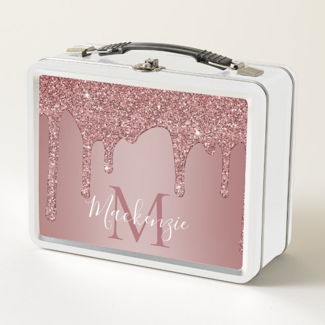 Sparkle Glam Rose Gold Drilling Glitzer Monogram Metall Brotdose (Vorderseite)