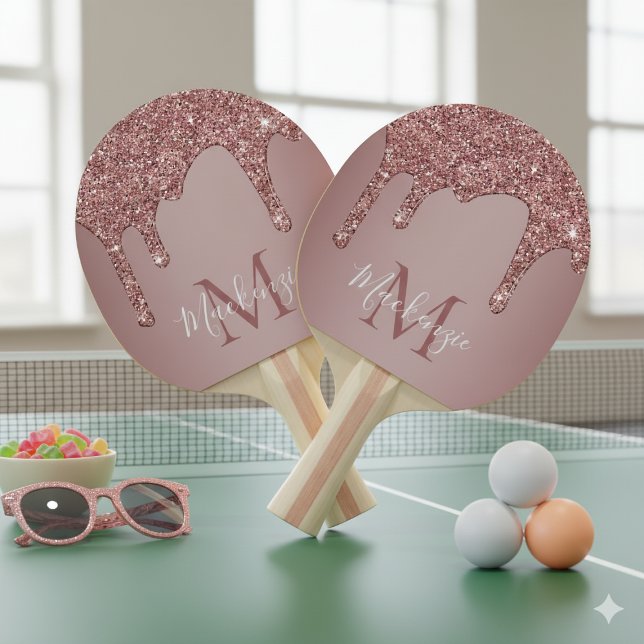 Sparkle Glam Rose Gold Drilling Glitzer Monogram Tischtennis Schläger (Sparkle Glam Rose Gold Dripping Glitter Monogram Ping Pong Paddles)