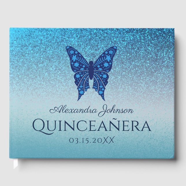 Sparkle Glitzer Blauer Blütenschmetterling Quincea Gästebuch (Vorderseite)