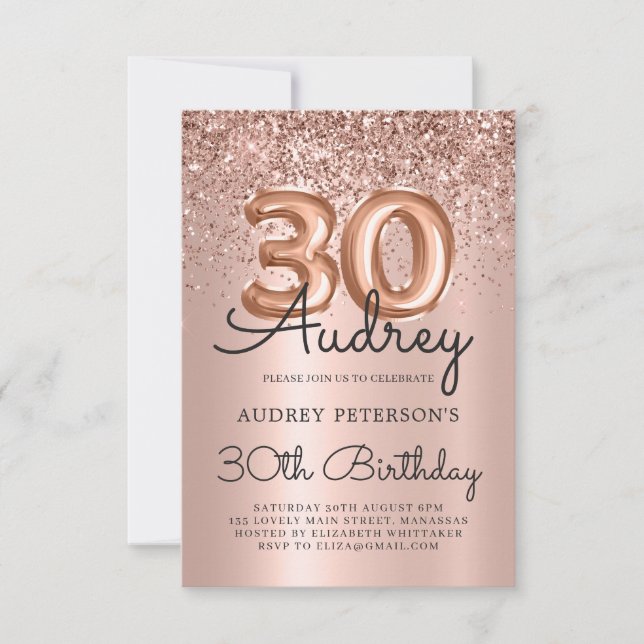 Sparkle Glitzer Rose Gold Ballon 30. Geburtstag Einladung (Vorderseite)