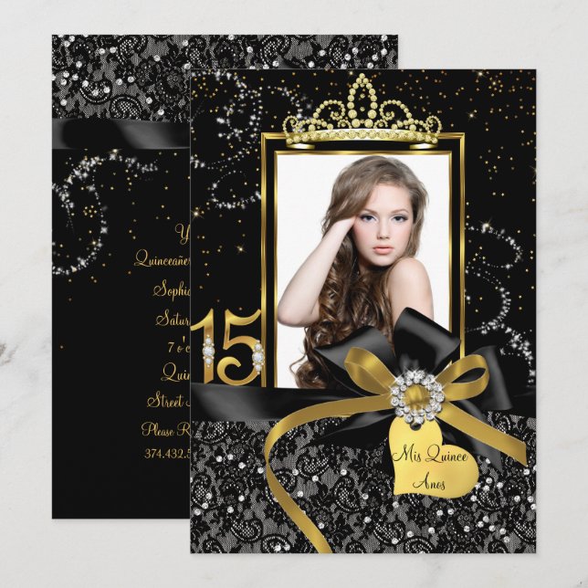 Sparkle Gold Black Lace & Bow Foto Quinceanera Einladung (Vorne/Hinten)