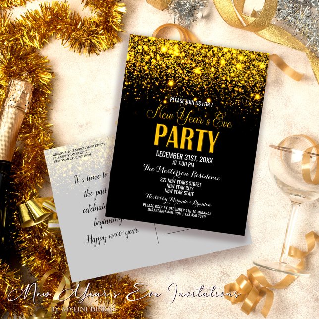 Sparkle Gold Black New Year's Eve Party Einladung Postkarte (Von Creator hochgeladen)