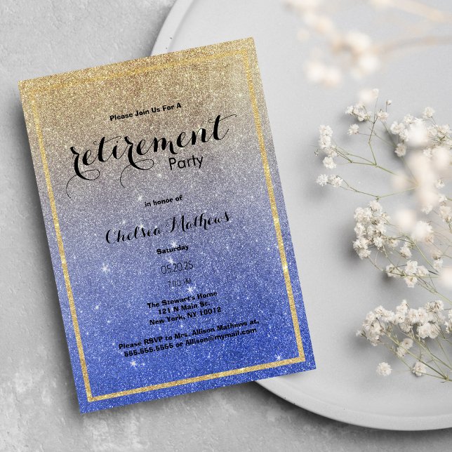 Sparkle Gold Blue Ombre Glitzer Retirement Party Einladung (Sparkle Gold Blue Ombre Glitter Retirement Party )