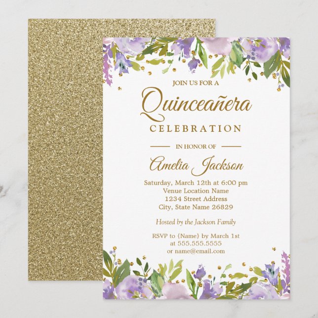 Sparkle Gold Floral Lila Quinceanera Einladung (Vorne/Hinten)