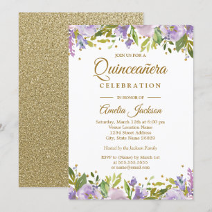 Sparkle Gold Floral Lila Quinceanera Einladung