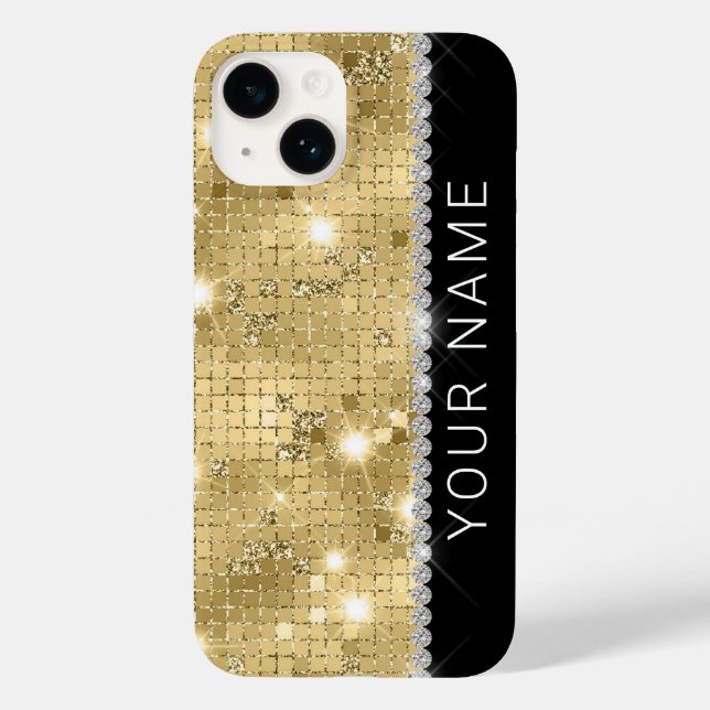 Sparkle Gold Glitzer Individuelle Name Case-Mate iPhone 14 Hülle (Rückseite)
