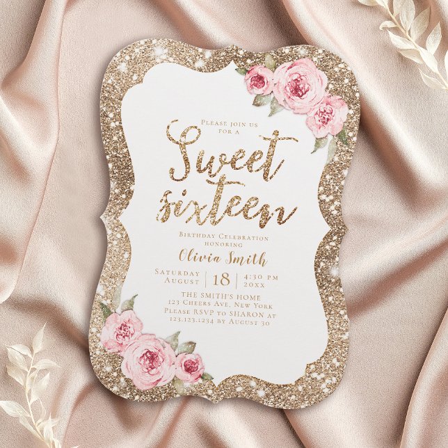 Sparkle gold Glitzer pinkfarben blühsüß 16 Geburts Einladung (Sparkle gold glitter pink floral sweet 16 birthday invitation)