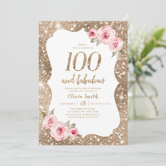 Sparkle gold Glitzer & rosa Blütenblüte 100. Gebur Einladung