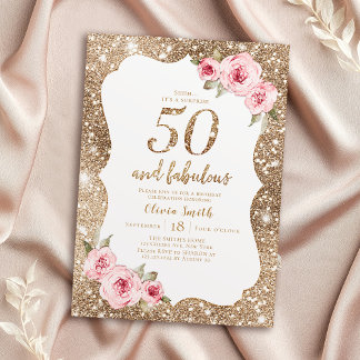 Sparkle Gold Glitzer und rosa Blütenpracht 50. Geb Einladung