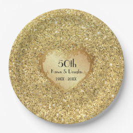 Sparkle Gold Heart 50. Hochzeitstag Pappteller