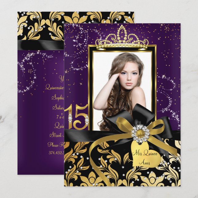 Sparkle Gold Lila Damask & Bow Foto Quinceanera Einladung (Vorne/Hinten)