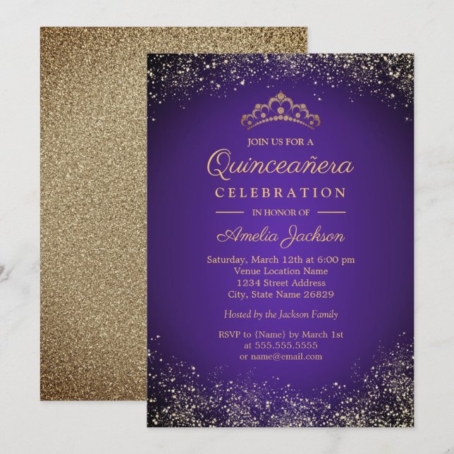 Sparkle Gold Lila Glitzer Quinceanera 15. Einladung (Vorne/Hinten)