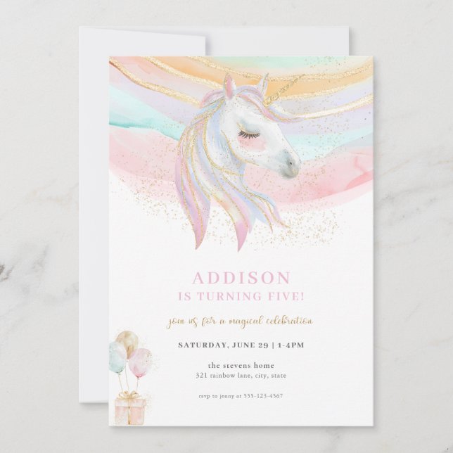 Sparkle Gold & Pastel Unicorn Einladung zum Geburt (Vorderseite)