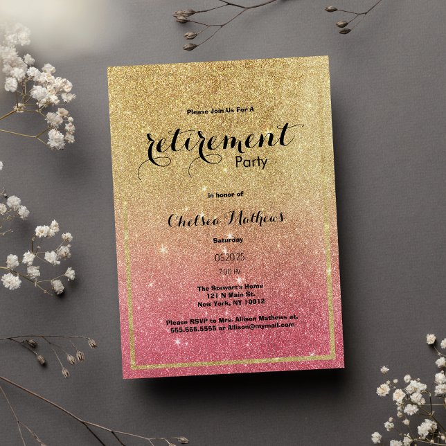 Sparkle Gold Pink Ombre Glitzer Retirement Party Einladung (Sparkle Gold Pink Ombre Glitter Retirement Party)