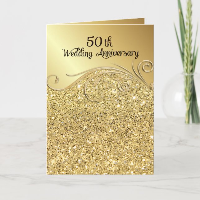 Sparkle Golden 50. Hochzeitstag gefaltet Einladung (Vorderseite)