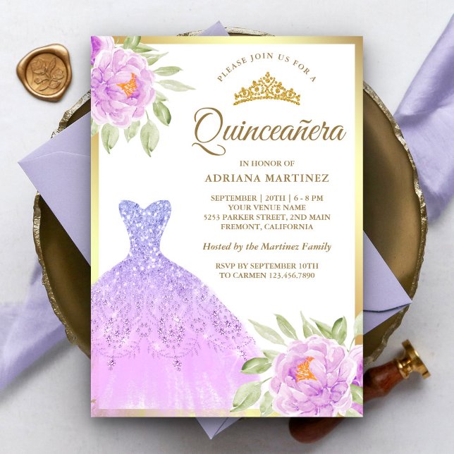 Sparkle Gown Lilac Lila Floral Gold Quinceanera Einladung (Von Creator hochgeladen)
