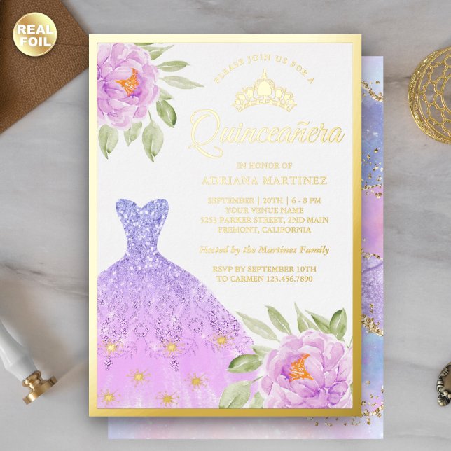 Sparkle Gown Lilac Lila Floral Quinceanera Gold Folieneinladung (Von Creator hochgeladen)