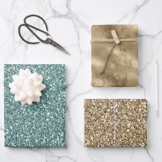 Sparkle Green Glitz Gold Glitzer Geschenkpapier Set (Vorderseite)