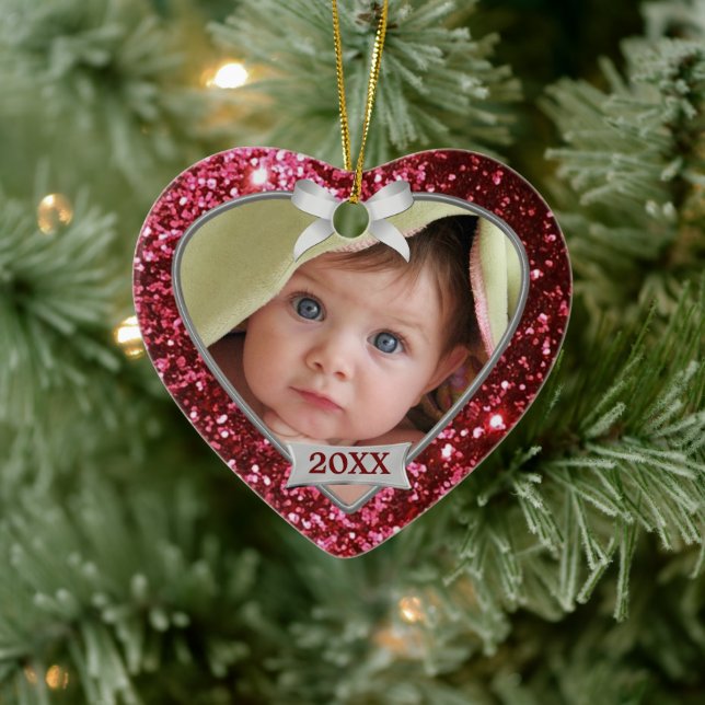 Sparkle Hearts (rot/silber) Foto Keramik Ornament (Baum)