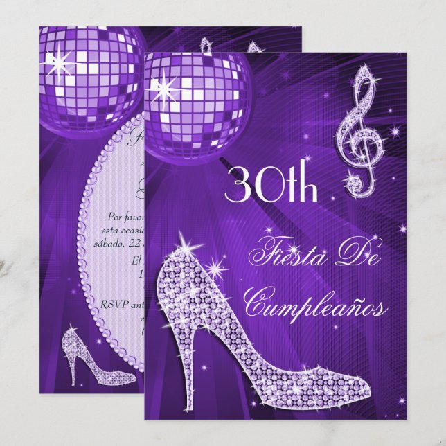 Sparkle Heels Purple Disco Ball 30th Birthday Einladung (Vorne/Hinten)