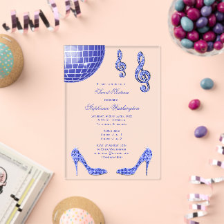 Sparkle Heelses und Blue Disco Ball Sweet 16 Acryleinladungen