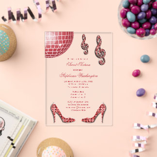 Sparkle Heelses und Red Disco Ball Sweet 16 Acryleinladungen