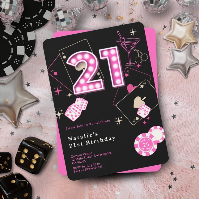 Sparkle Hot Pink Casino Einladung (Sparkle Hot Pink Casino Dice & Chips 21st Birthday Invitation)