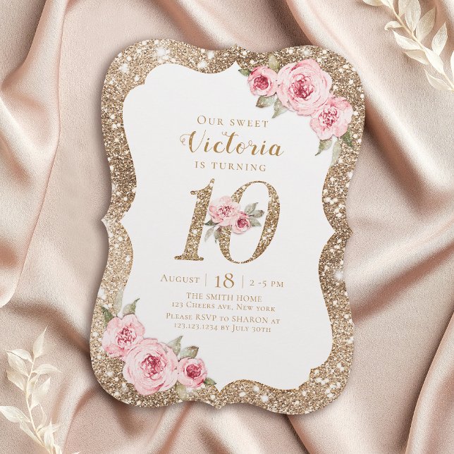 Sparkle Imitate Gold Glitzer und Blumen 10. Geburt Einladung (Sparkle faux gold glitter and floral 10th birthday invitation)