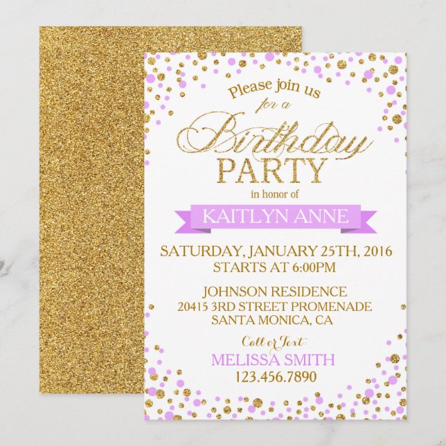 Sparkle Lavendel und Gold Glitzer Dots Geburtstag Einladung (Vorne/Hinten)