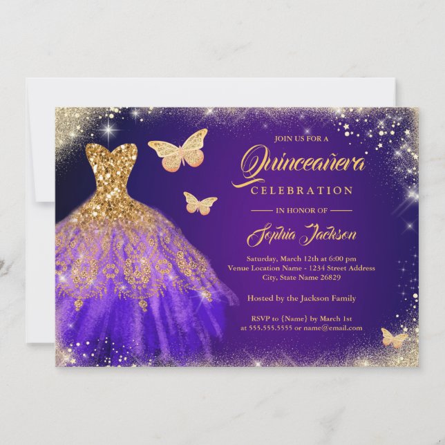 Sparkle Lila Gold Dress Butterfly Quinceanera Einladung (Vorderseite)