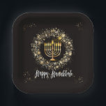 Sparkle Menorah Hanukkah Pappteller<br><div class="desc">Hanukkah Party-Design mit goldener Menorah und silber-goldene Glitzern auf schwarzem Hintergrund.</div>