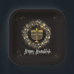 Sparkle Menorah Hanukkah Pappteller<br><div class="desc">Hanukkah Party-Design mit goldener Menorah und silber-goldene Glitzern auf schwarzem Hintergrund.</div>