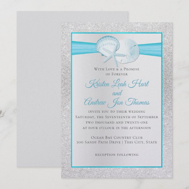 Sparkle Muscheln Tropical Blue Beach Wedding Einladung (Vorne/Hinten)