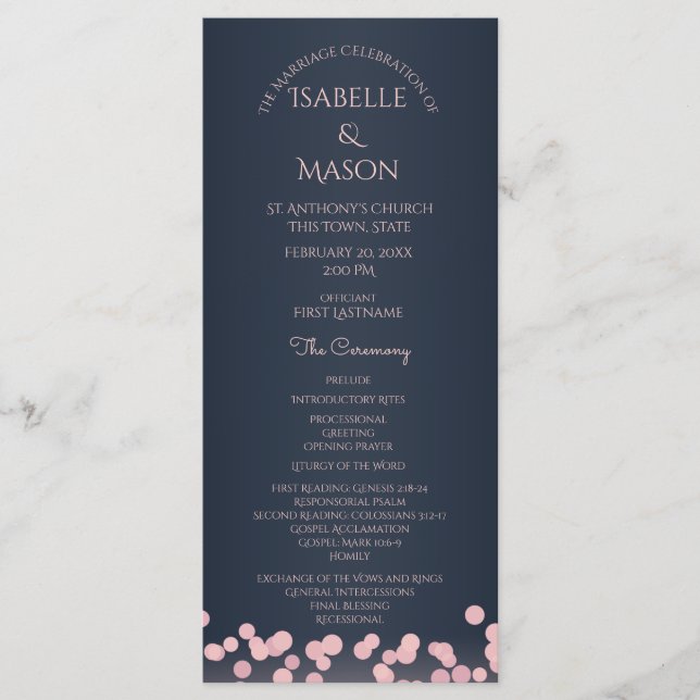 Sparkle Navy Blue and Pink Bokeh Wedding Program Programm (Vorderseite)