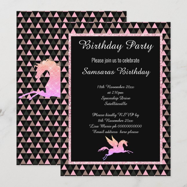 Sparkle Pastel Unicorn Black PATTERN BIRTHDAY Einladung (Vorne/Hinten)