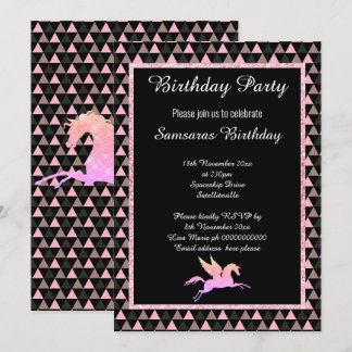 Sparkle Pastel Unicorn Black PATTERN BIRTHDAY Einladung