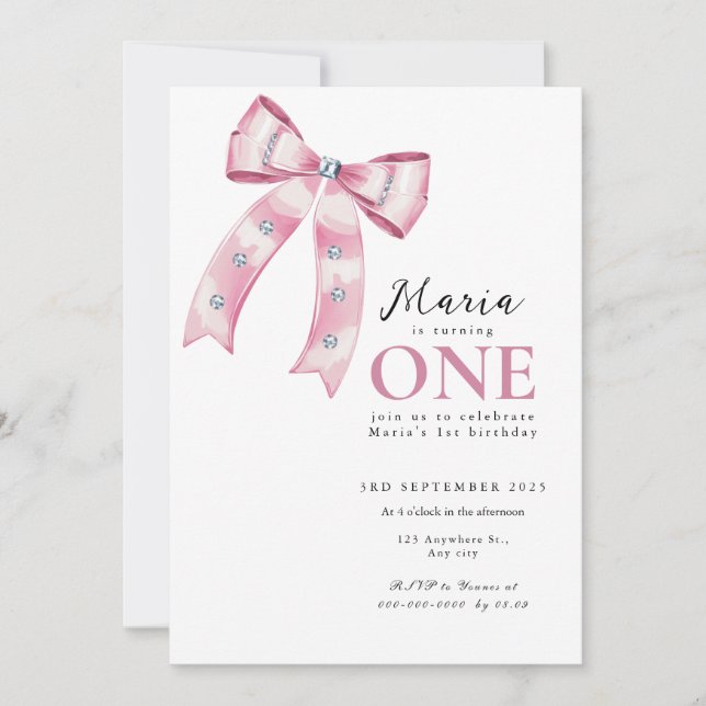 Sparkle Pink Coquette Bow 1st Einladung (Vorderseite)