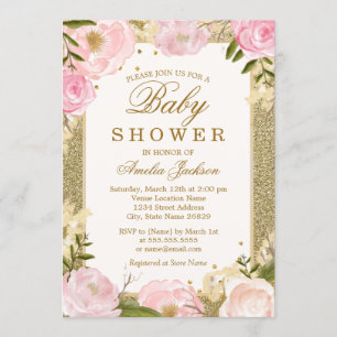 Sparkle Pink Gold Floral Baby Dusche Einladung