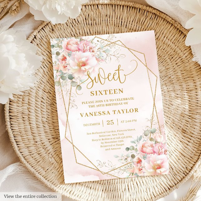 Sparkle Pink Gold Peonies Sweet 16 Einladung (Sparkle Pale Pink Gold Peonies Sweet 16 Invitation)