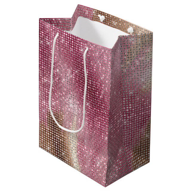 Sparkle Pink Gold Südwest Imitats Cowhide Birthday Mittlere Geschenktüte (Vorderseite Schrägansicht)