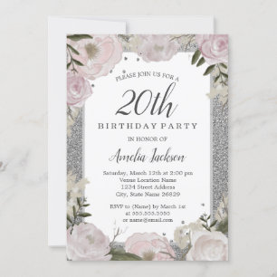 Sparkle Pink Silver Floral 20. Geburtstag Einladung