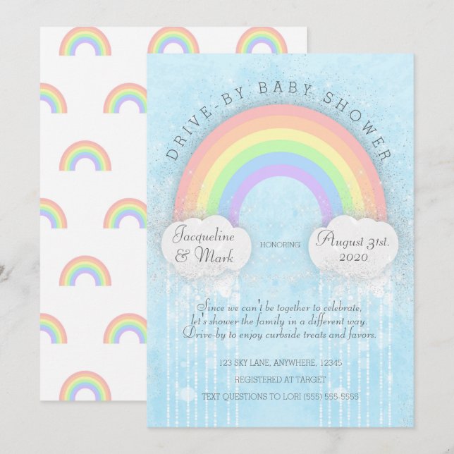 Sparkle Rainbow Drive-By-Baby-Dusche Einladung (Vorne/Hinten)