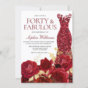 Sparkle Red Dress Rose Gold Leaf 40. Geburtstag Einladung