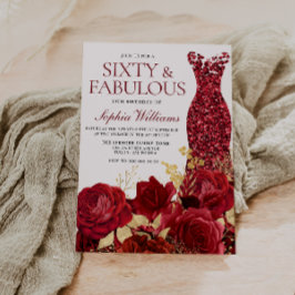 Sparkle Red Dress Rose Gold Leaf 60. Geburtstag Einladung