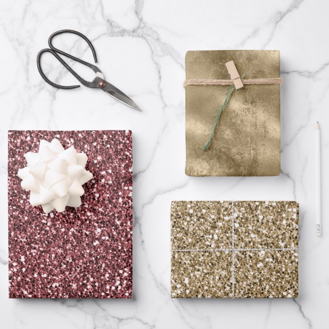 Sparkle Red Glitz Gold Glitzer Geschenkpapier Set (Vorderseite)